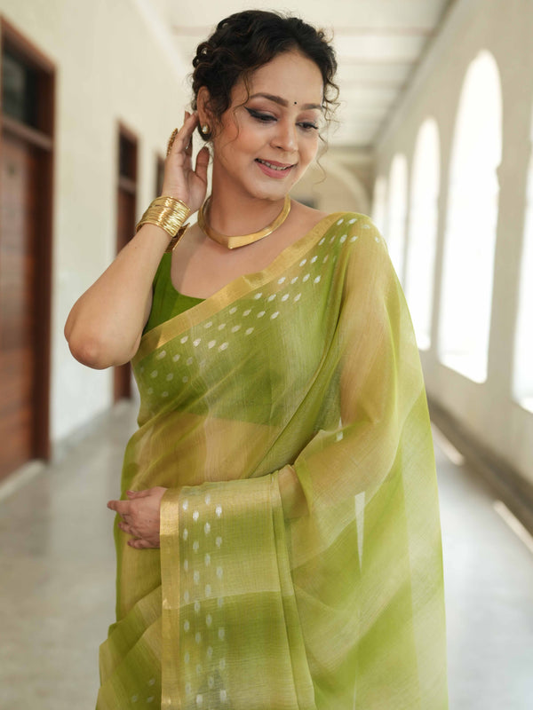 Banarasee Handwoven Shaded Tissue Saree With Gold Zari Border-Olive Green