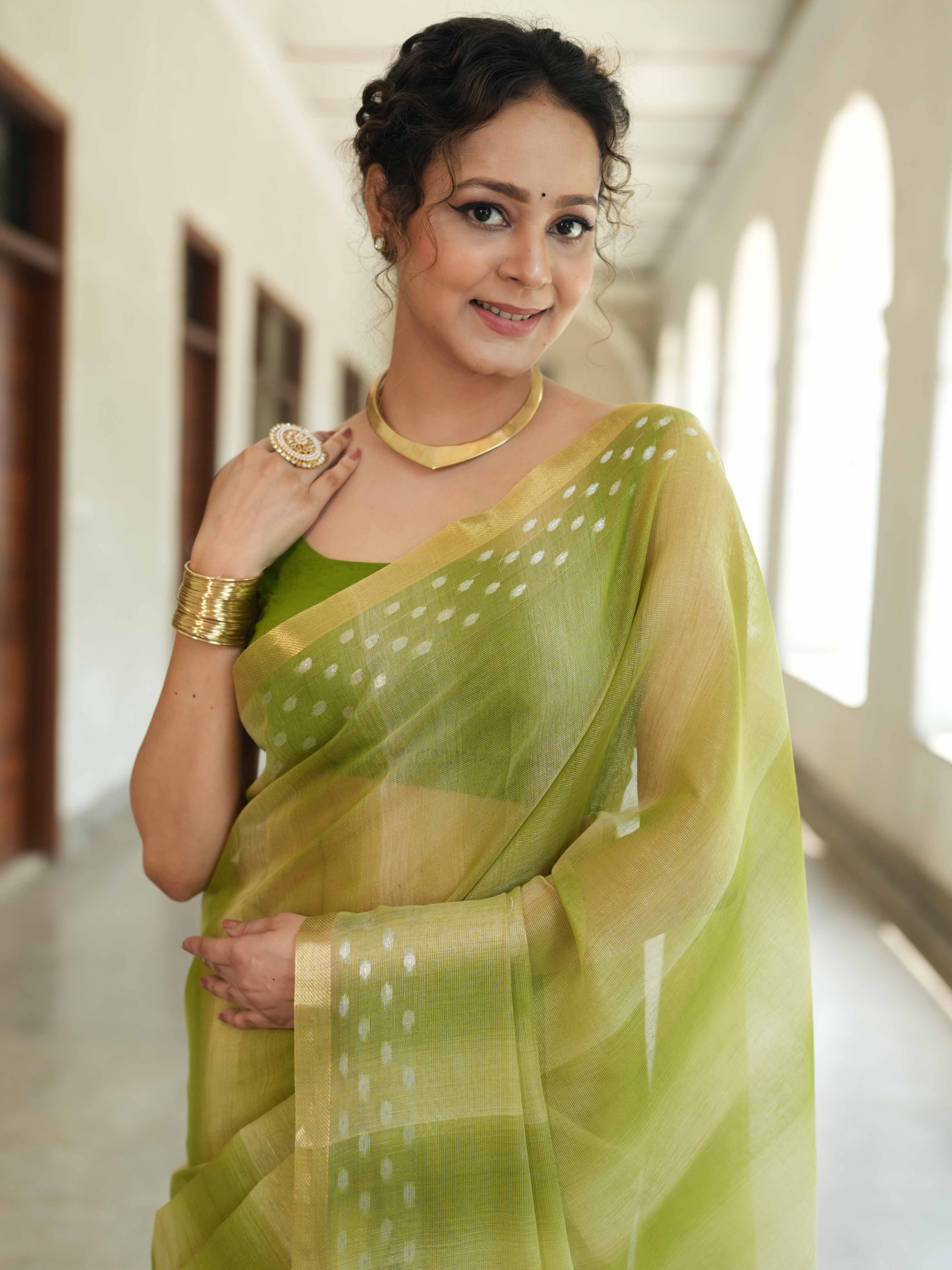 Banarasee Handwoven Shaded Tissue Saree With Gold Zari Border-Olive Green