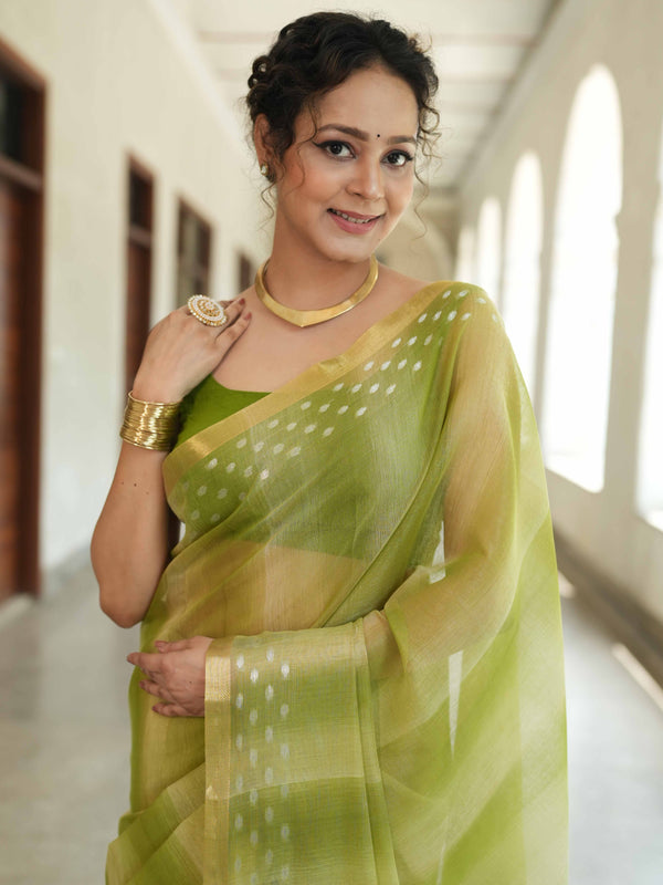 Banarasee Handwoven Shaded Tissue Saree With Gold Zari Border-Olive Green