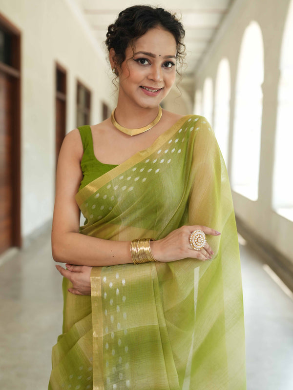 Banarasee Handwoven Shaded Tissue Saree With Gold Zari Border-Olive Green