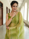 Banarasee Handwoven Shaded Tissue Saree With Gold Zari Border-Olive Green