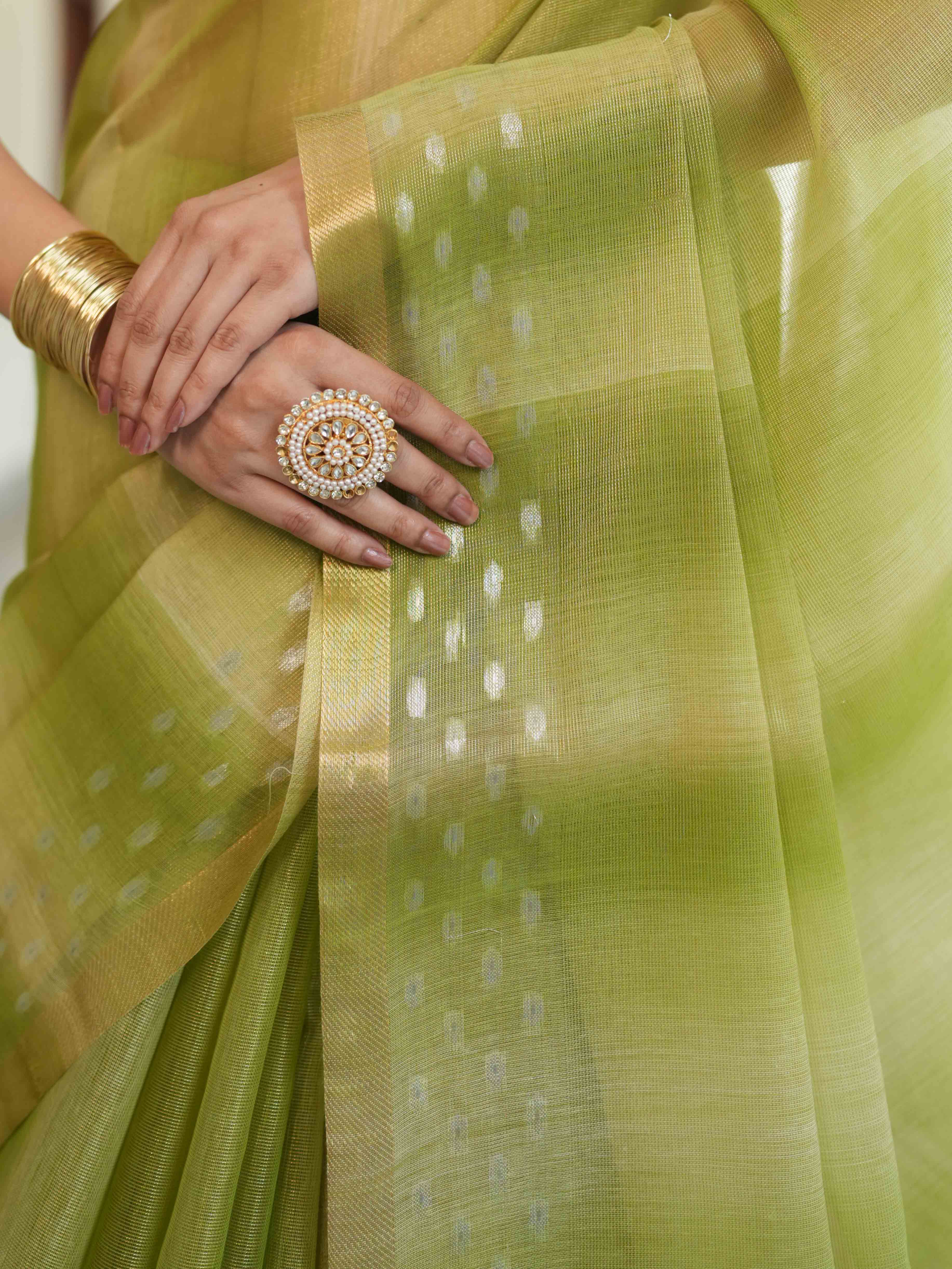 Banarasee Handwoven Shaded Tissue Saree With Gold Zari Border-Olive Green