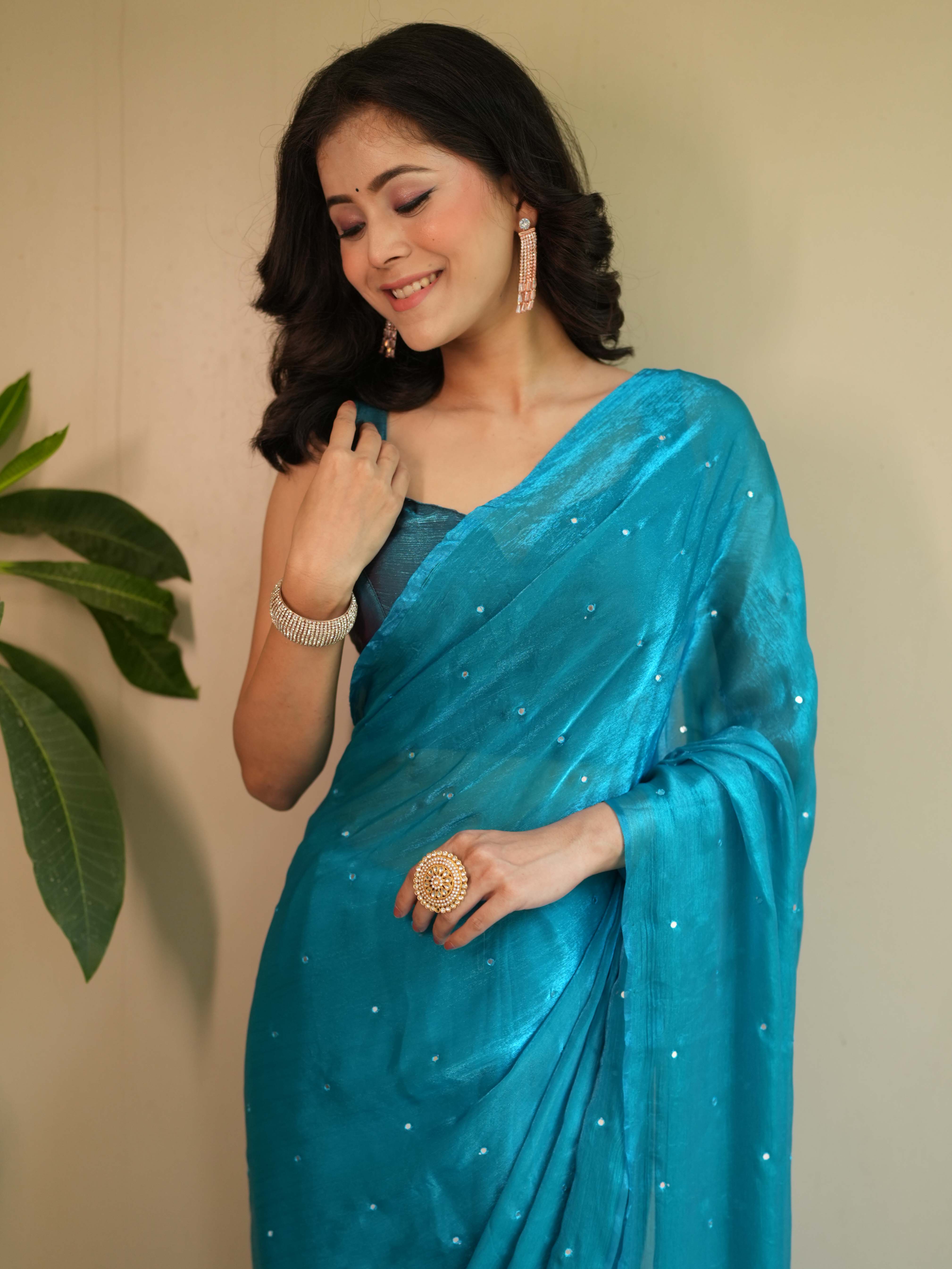 Banarasee Dual Shaded Chiffon Saree With Mirror Work-Teal Blue