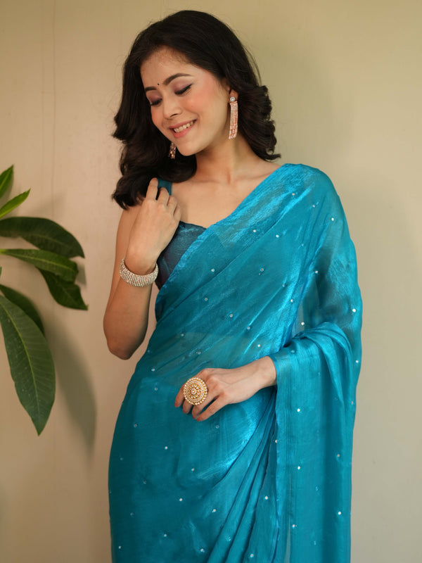 Banarasee Dual Shaded Chiffon Saree With Mirror Work-Teal Blue