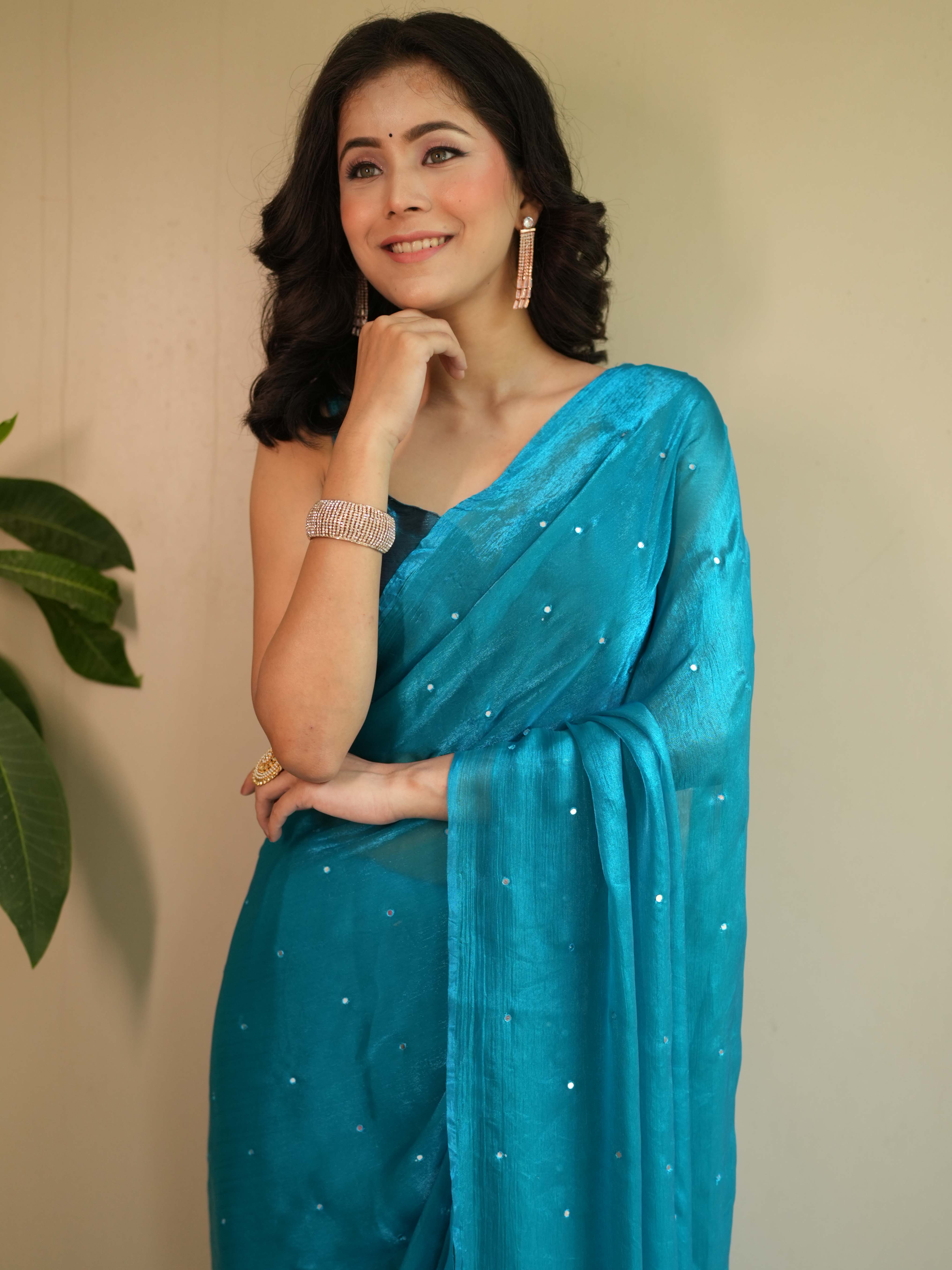 Banarasee Dual Shaded Chiffon Saree With Mirror Work-Teal Blue