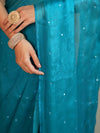Banarasee Dual Shaded Chiffon Saree With Mirror Work-Teal Blue