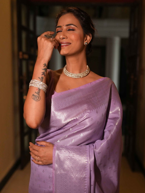 Banarasee Handwoven Tissue Saree Zari Design & Border-Lavender
