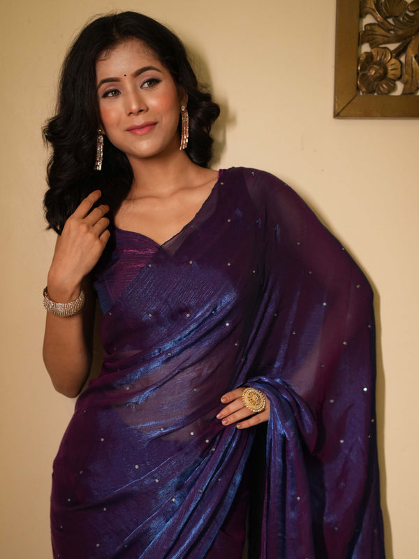 Banarasee Dual Shaded Chiffon Saree With Mirror Work-Violet