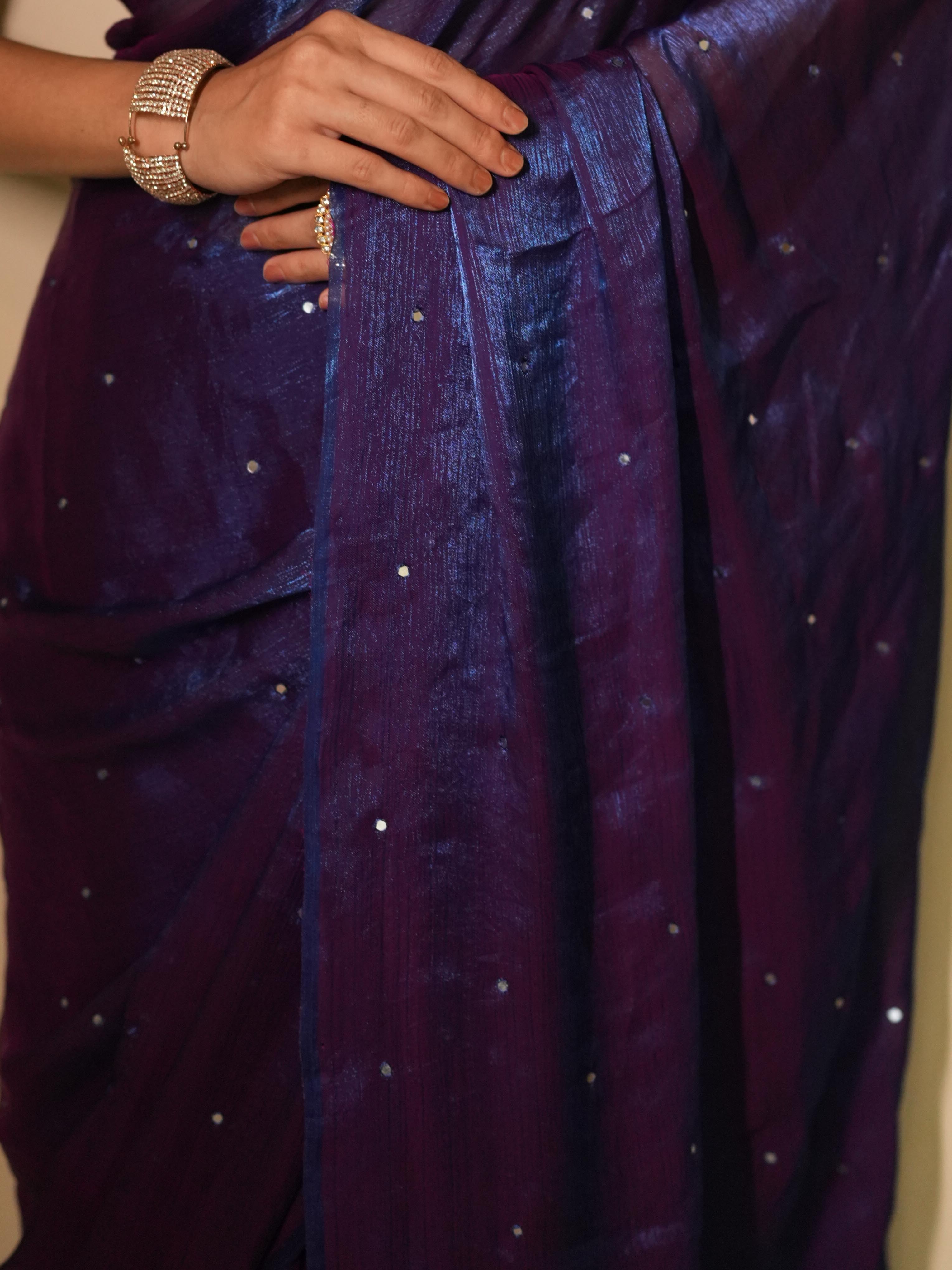 Banarasee Dual Shaded Chiffon Saree With Mirror Work-Violet