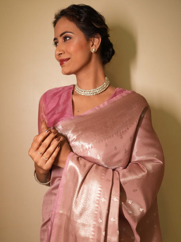 Banarasee Handwoven Tissue Saree Zari Design & Border-Onion Pink