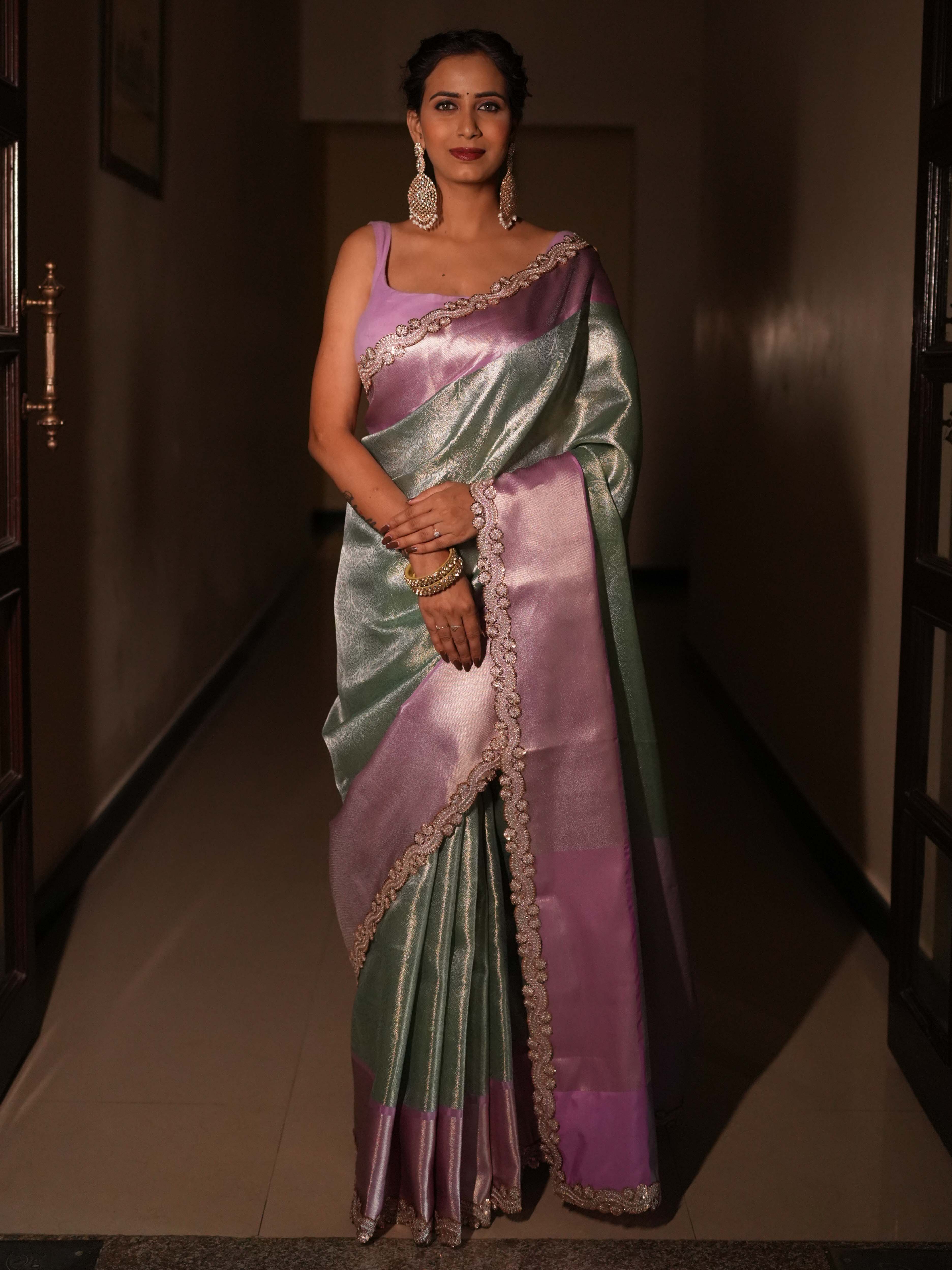 Banarasee Handwoven Tissue Saree With Zari Jaal Design & Border Lace-Green & Lavender
