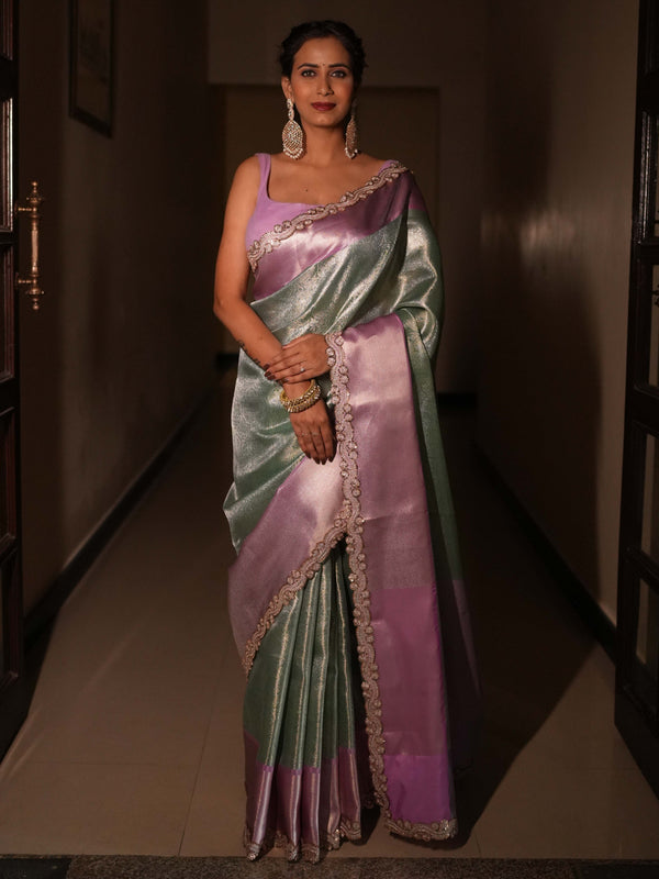 Banarasee Handwoven Tissue Saree With Zari Jaal Design & Border Lace-Green & Lavender