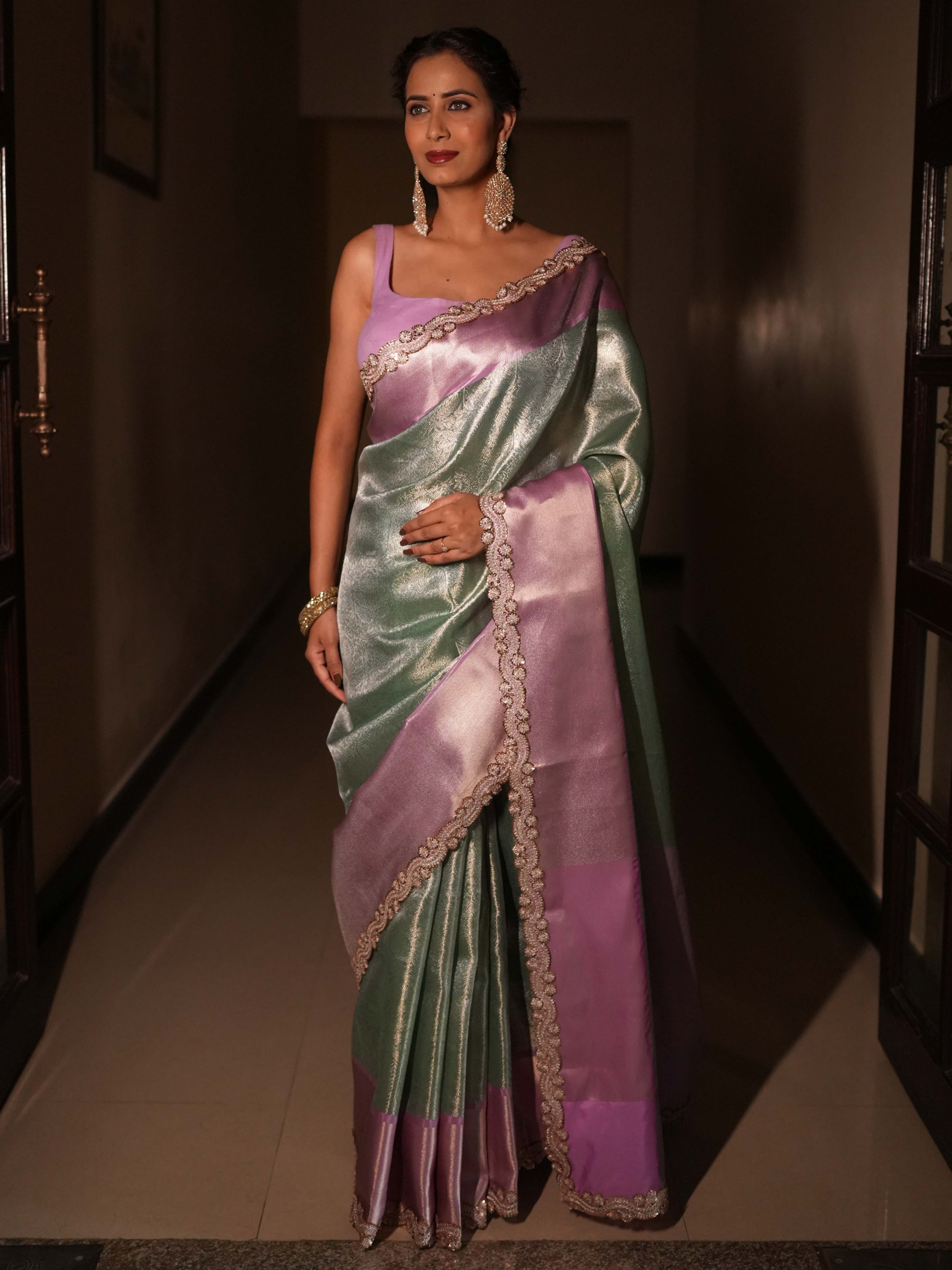 Banarasee Handwoven Tissue Saree With Zari Jaal Design & Border Lace-Green & Lavender
