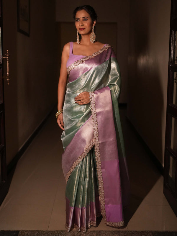 Banarasee Handwoven Tissue Saree With Zari Jaal Design & Border Lace-Green & Lavender