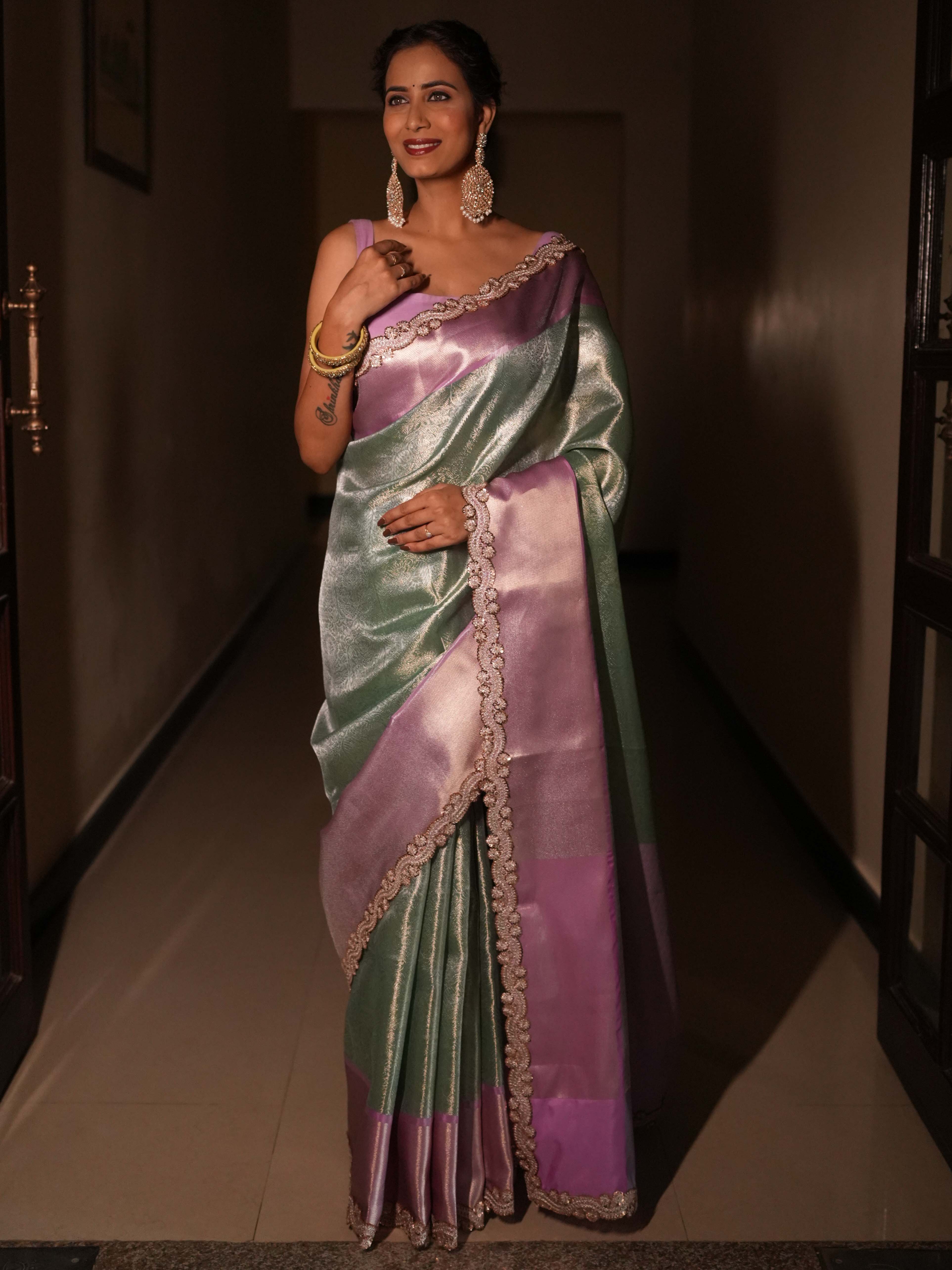 Banarasee Handwoven Tissue Saree With Zari Jaal Design & Border Lace-Green & Lavender