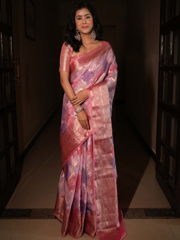 Banarasee Handwoven Cotton Silk Saree With Zari Jaal Design & Border-Pink
