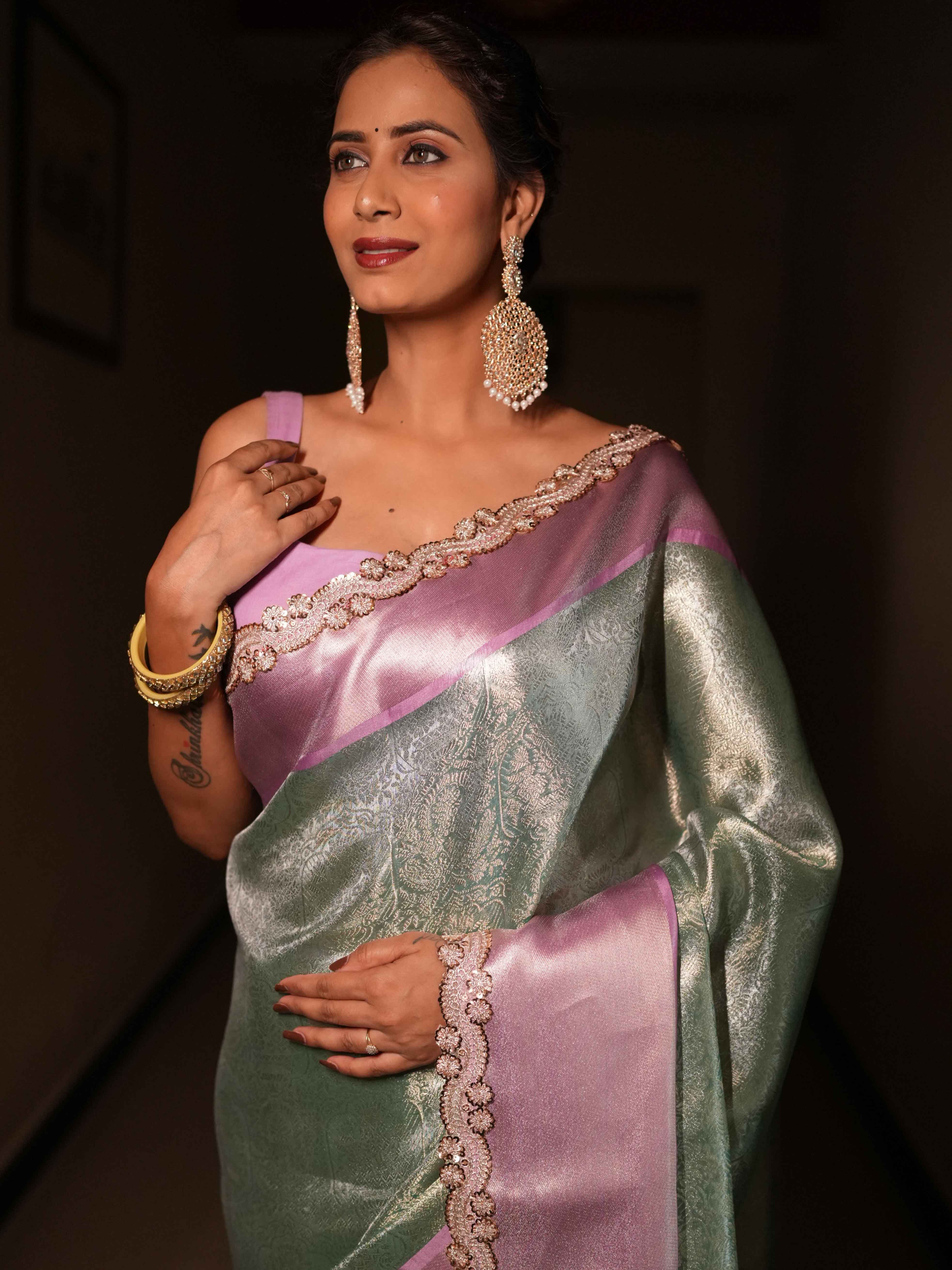Banarasee Handwoven Tissue Saree With Zari Jaal Design & Border Lace-Green & Lavender