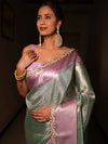Banarasee Handwoven Tissue Saree With Zari Jaal Design & Border Lace-Green & Lavender