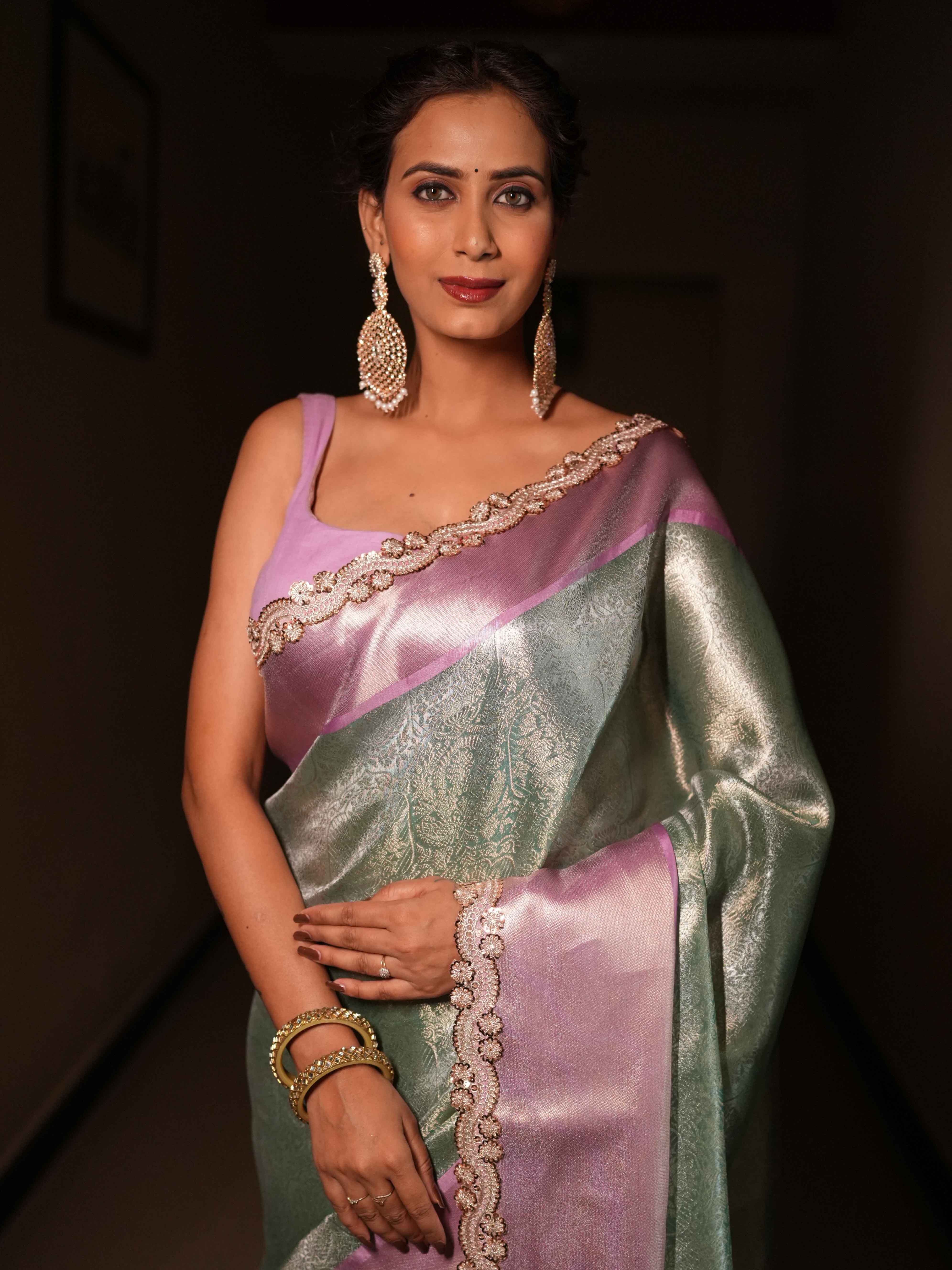 Banarasee Handwoven Tissue Saree With Zari Jaal Design & Border Lace-Green & Lavender