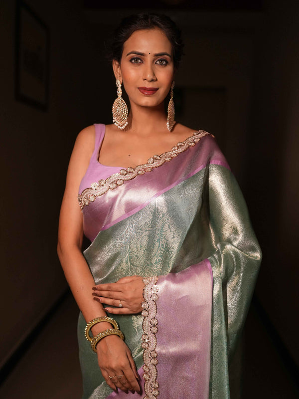 Banarasee Handwoven Tissue Saree With Zari Jaal Design & Border Lace-Green & Lavender