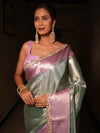Banarasee Handwoven Tissue Saree With Zari Jaal Design & Border Lace-Green & Lavender
