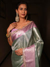 Banarasee Handwoven Tissue Saree With Zari Jaal Design & Border Lace-Green & Lavender