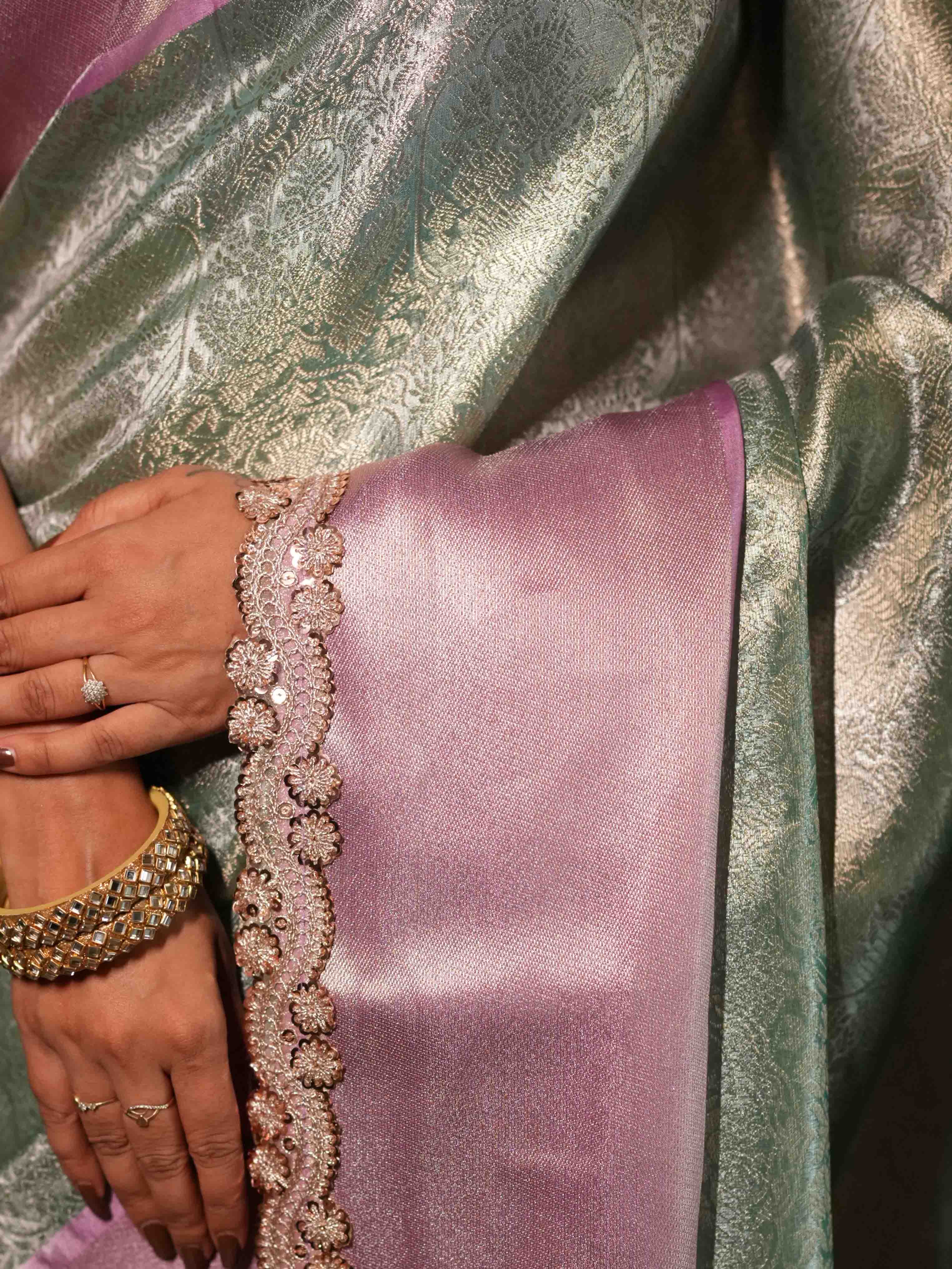 Banarasee Handwoven Tissue Saree With Zari Jaal Design & Border Lace-Green & Lavender