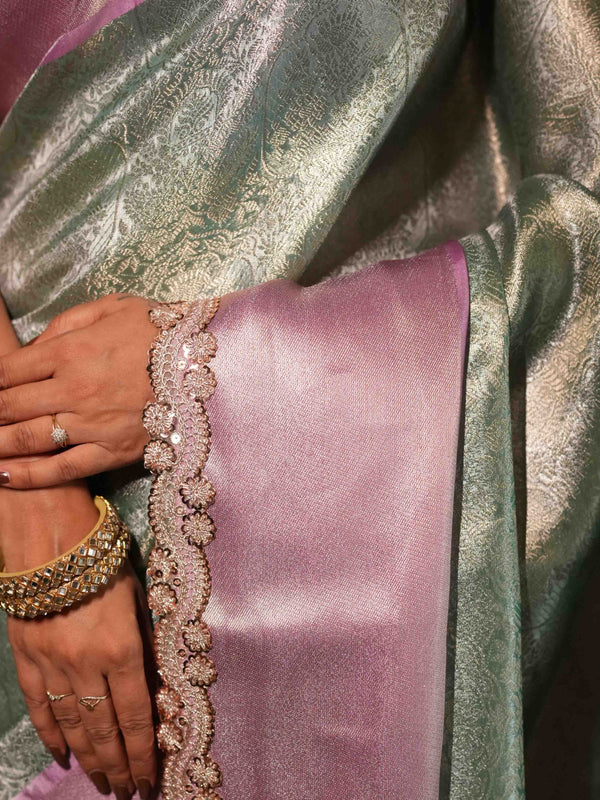 Banarasee Handwoven Tissue Saree With Zari Jaal Design & Border Lace-Green & Lavender