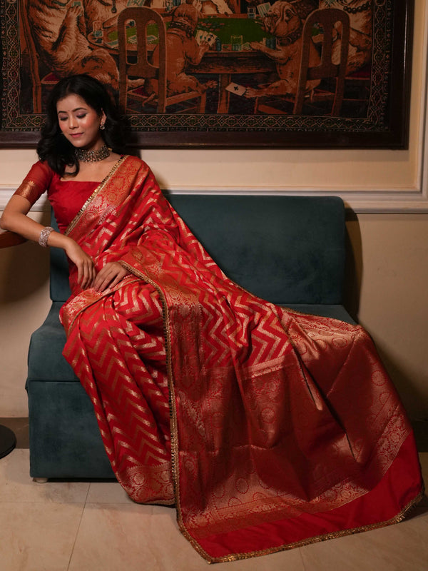 Banarasee Handwoven Semi Silk Saree With Zari Design & Lace-Red