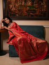 Banarasee Handwoven Semi Silk Saree With Zari Design & Lace-Red