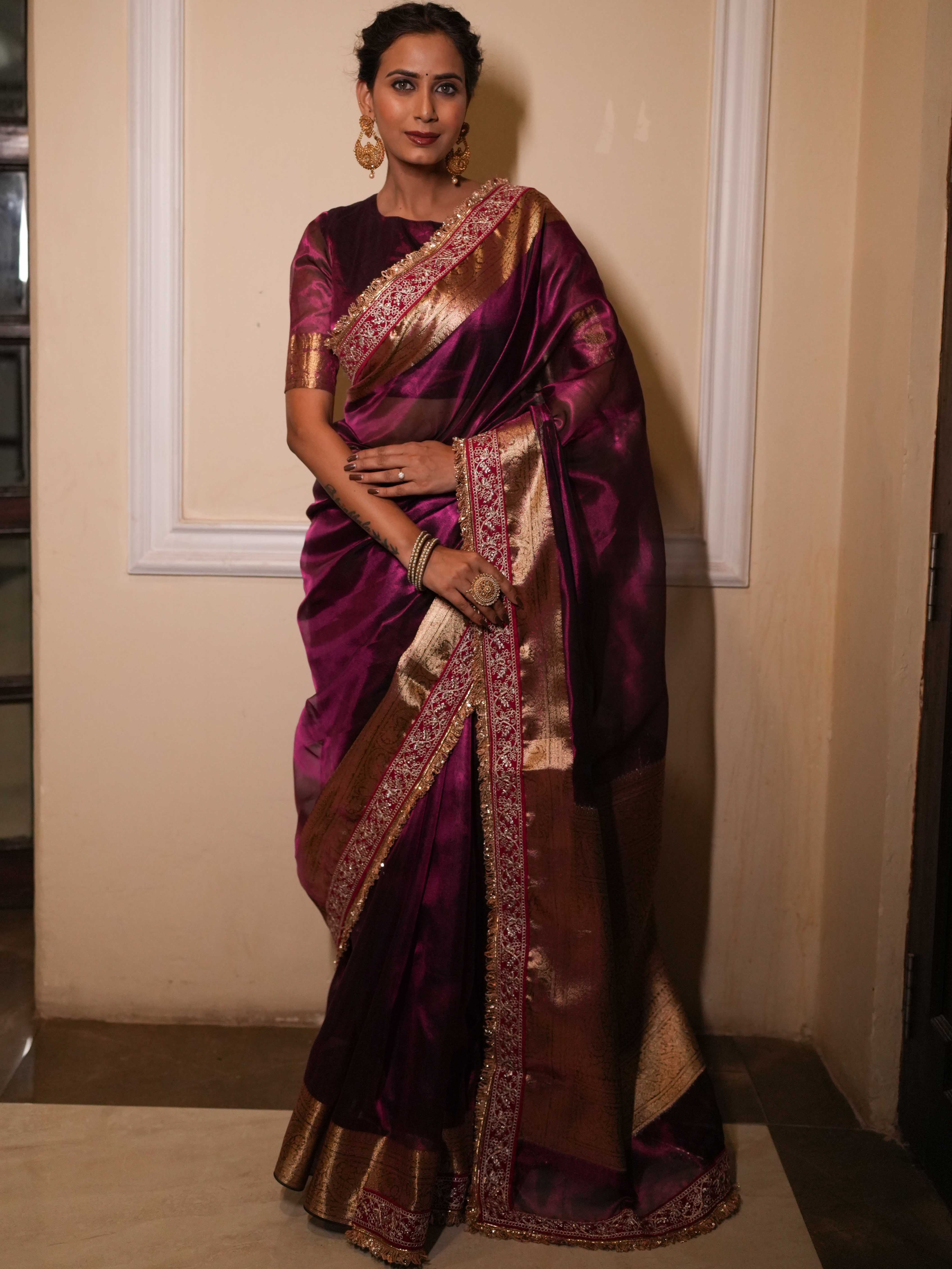 Banarasee Handwoven Plain Tissue Saree Zari Border With Lace-Magenta