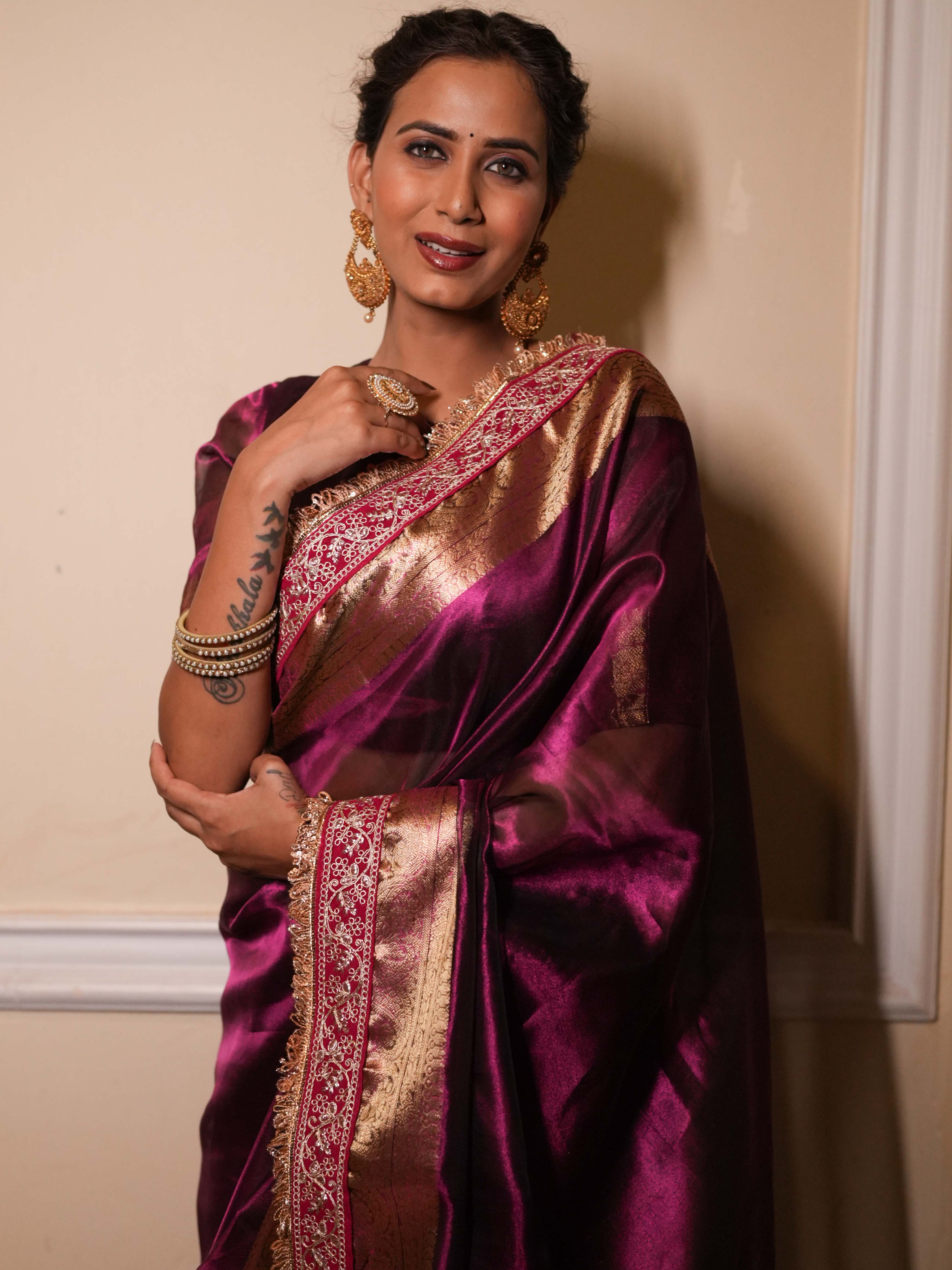 Banarasee Handwoven Plain Tissue Saree Zari Border With Lace-Magenta