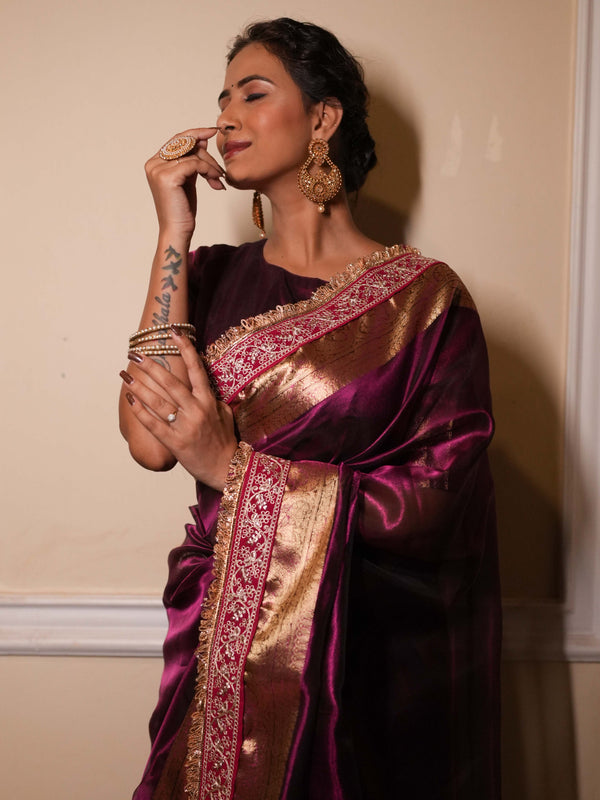 Banarasee Handwoven Plain Tissue Saree Zari Border With Lace-Magenta