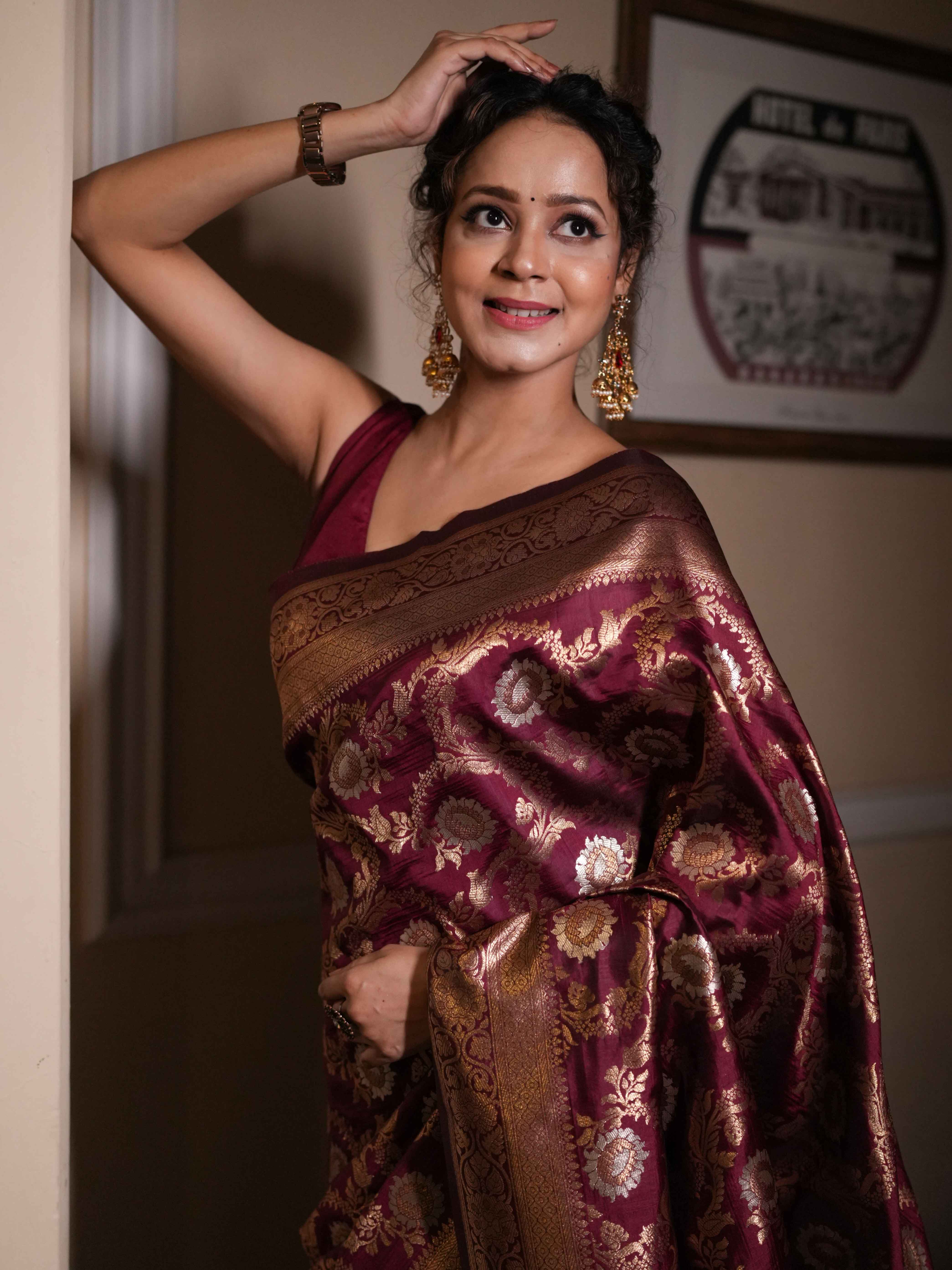 Banarasee Handwoven Semi Katan Saree With Sona Rupa Zari Jaal Design & Border-Maroon