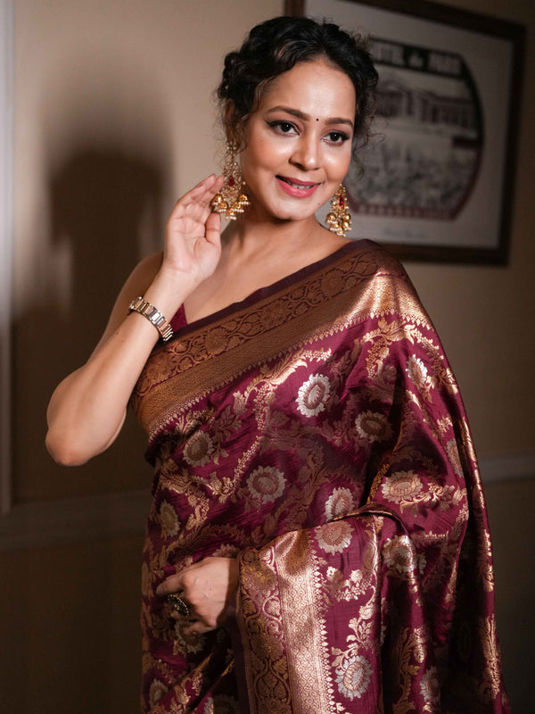 Banarasee Handwoven Semi Katan Saree With Sona Rupa Zari Jaal Design & Border-Maroon