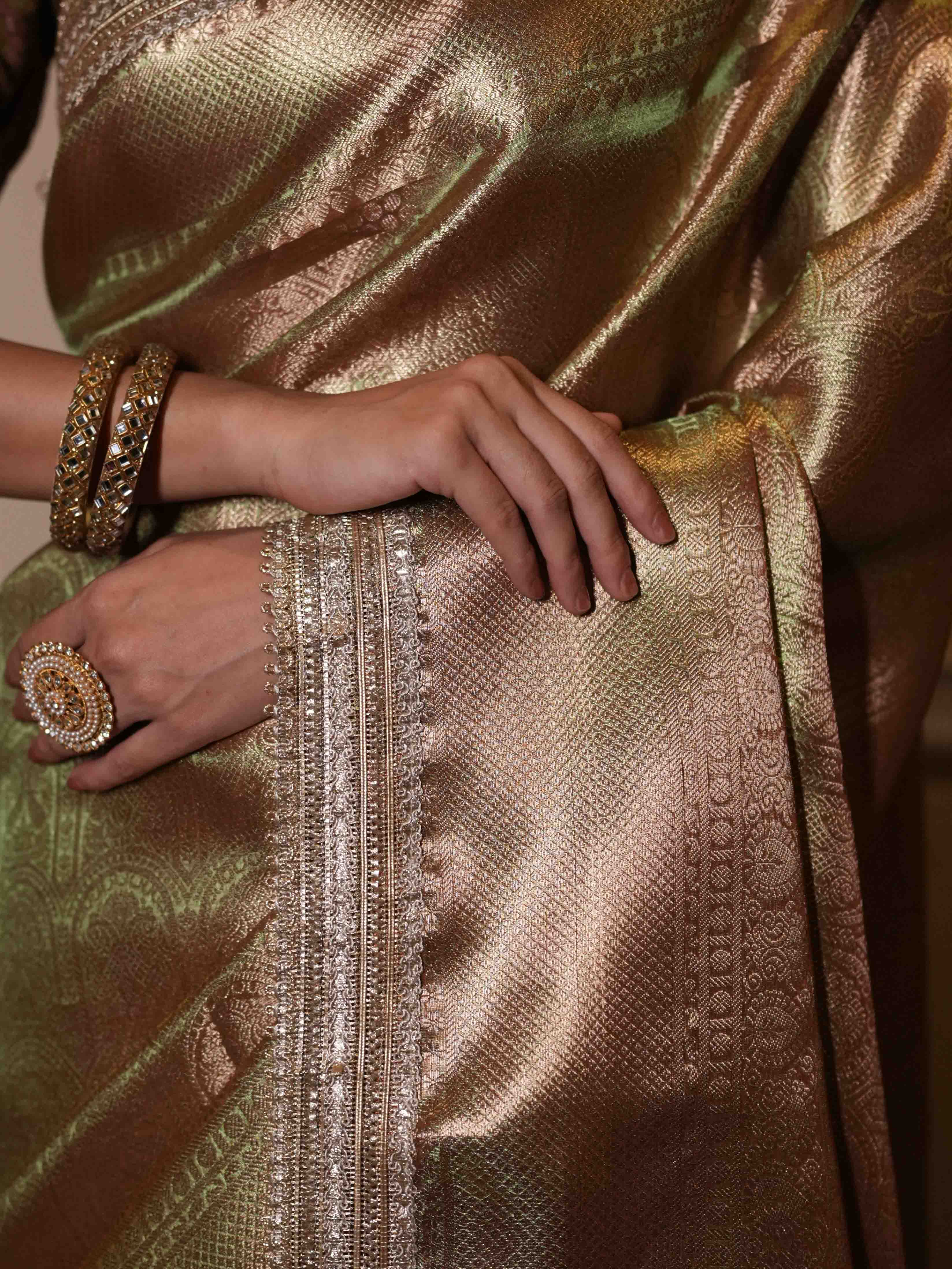 Banarasee Handwoven Tissue Saree With Zari Jaal Design & Border Lace-Olive Green (Dual Shade)