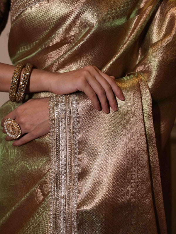 Banarasee Handwoven Tissue Saree With Zari Jaal Design & Border Lace-Olive Green (Dual Shade)