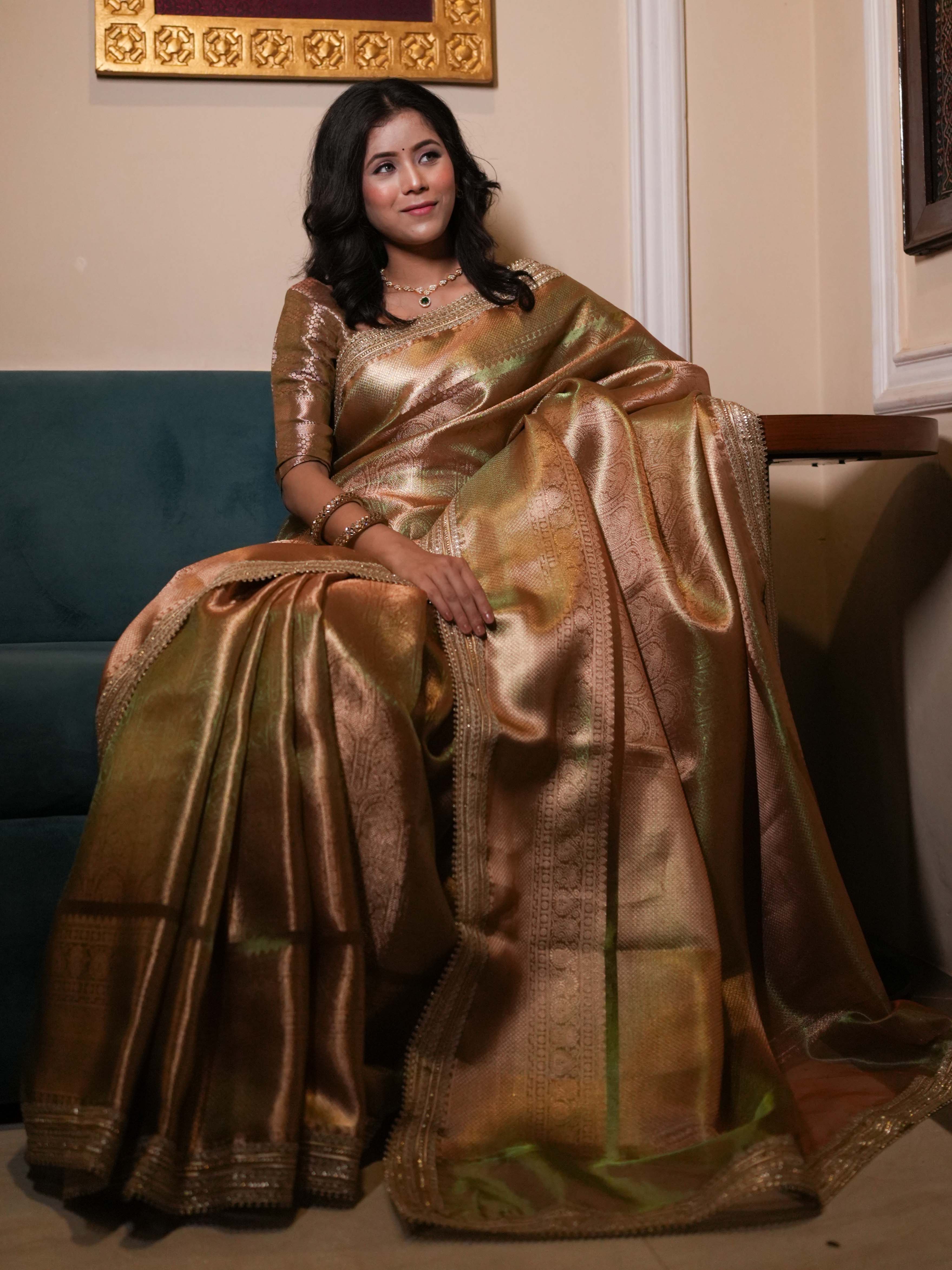 Banarasee Handwoven Tissue Saree With Zari Jaal Design & Border Lace-Olive Green (Dual Shade)