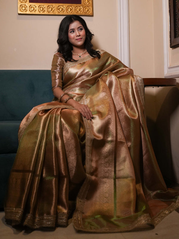 Banarasee Handwoven Tissue Saree With Zari Jaal Design & Border Lace-Olive Green (Dual Shade)