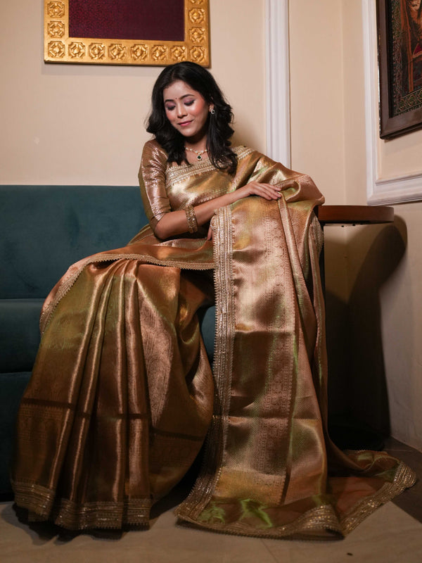 Banarasee Handwoven Tissue Saree With Zari Jaal Design & Border Lace-Olive Green (Dual Shade)