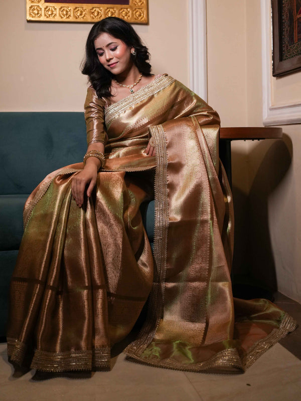 Banarasee Handwoven Tissue Saree With Zari Jaal Design & Border Lace-Olive Green (Dual Shade)