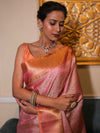 Banarasee Handwoven Tissue Saree With Zari Jaal Design & Contrast Broder-Pink & Yellow