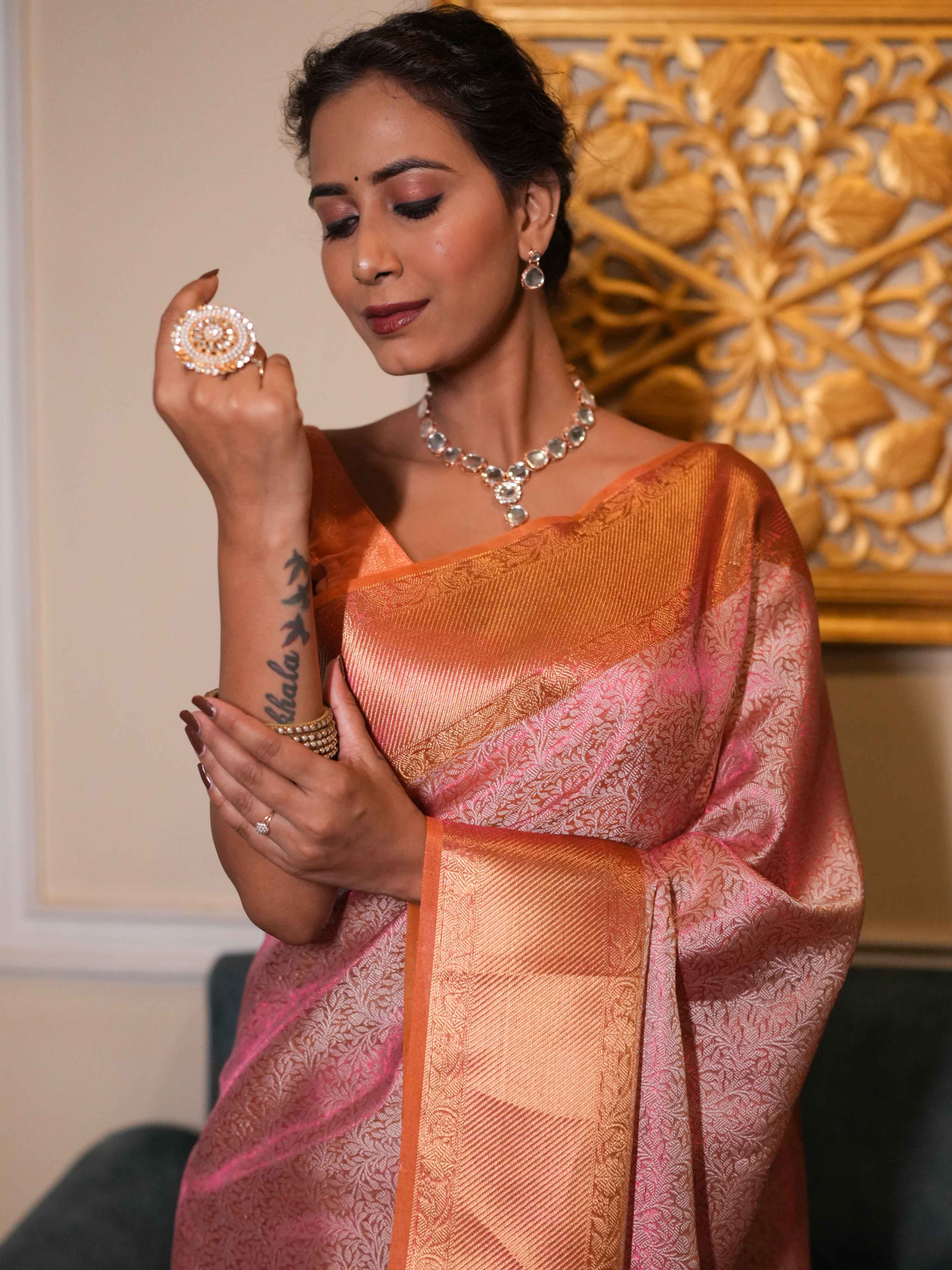 Banarasee Handwoven Tissue Saree With Zari Jaal Design & Contrast Broder-Pink & Yellow