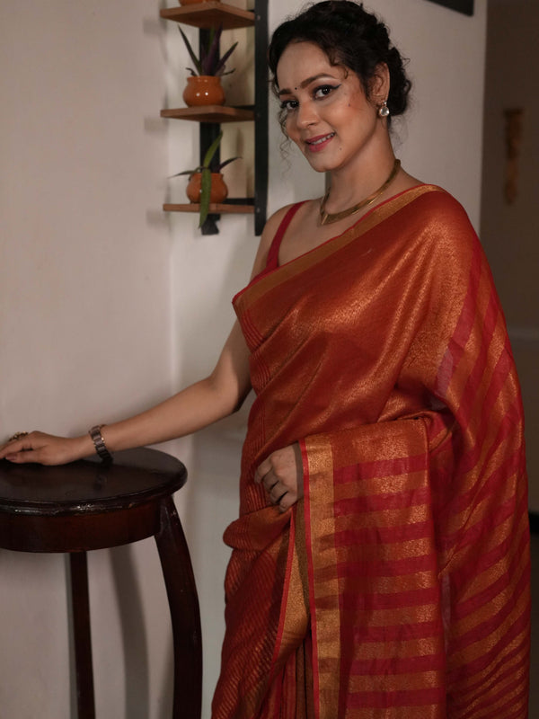 Bhagalpur Handloom Pure Linen Cotton Saree With Zari Design-Red