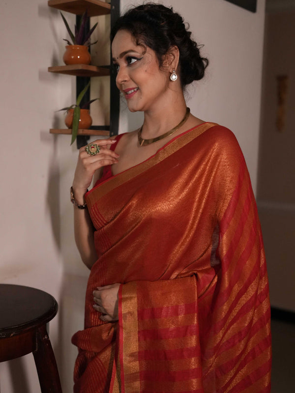 Bhagalpur Handloom Pure Linen Cotton Saree With Zari Design-Red