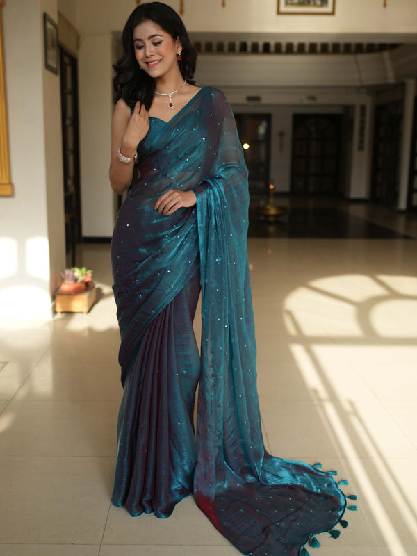 Banarasee Dual Shaded Chiffon Saree With Mirror Work-Teal Green