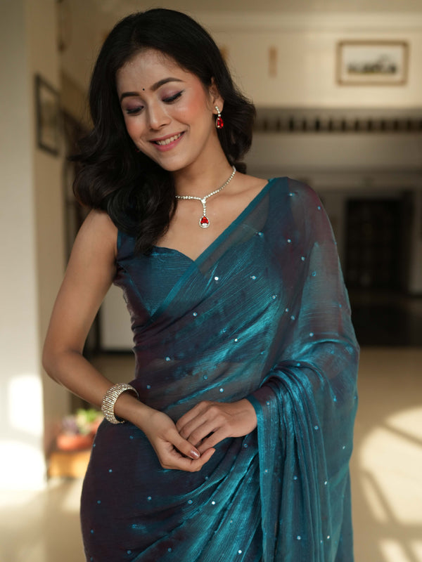 Banarasee Dual Shaded Chiffon Saree With Mirror Work-Teal Green