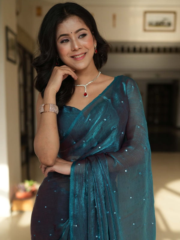 Banarasee Dual Shaded Chiffon Saree With Mirror Work-Teal Green