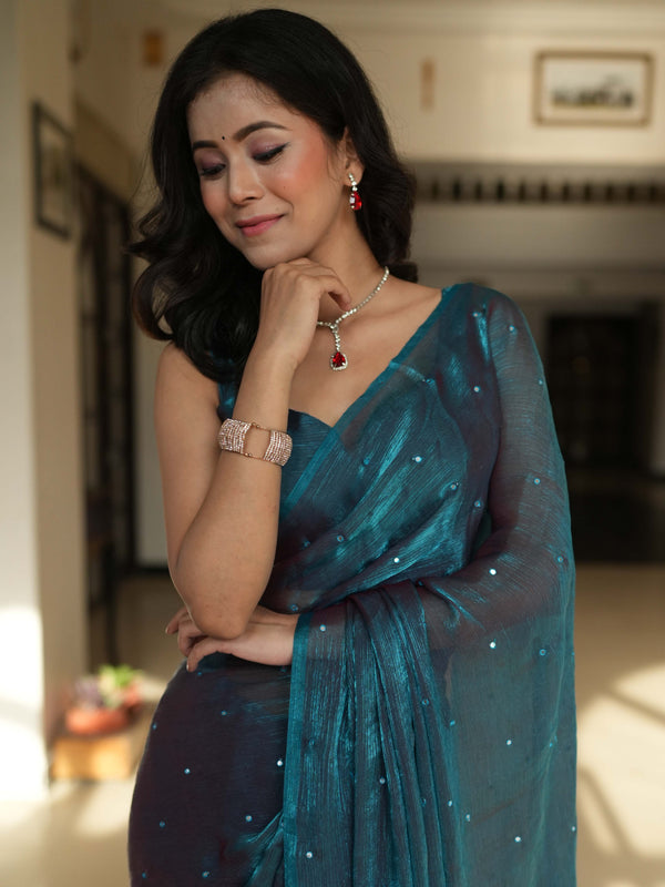 Banarasee Dual Shaded Chiffon Saree With Mirror Work-Teal Green