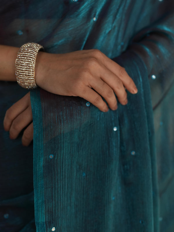Banarasee Dual Shaded Chiffon Saree With Mirror Work-Teal Green